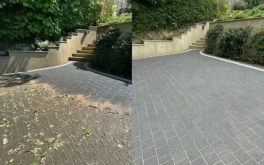 before and after results of driveway cleaning in orpington after pressure washing by CR Cleaning Kent