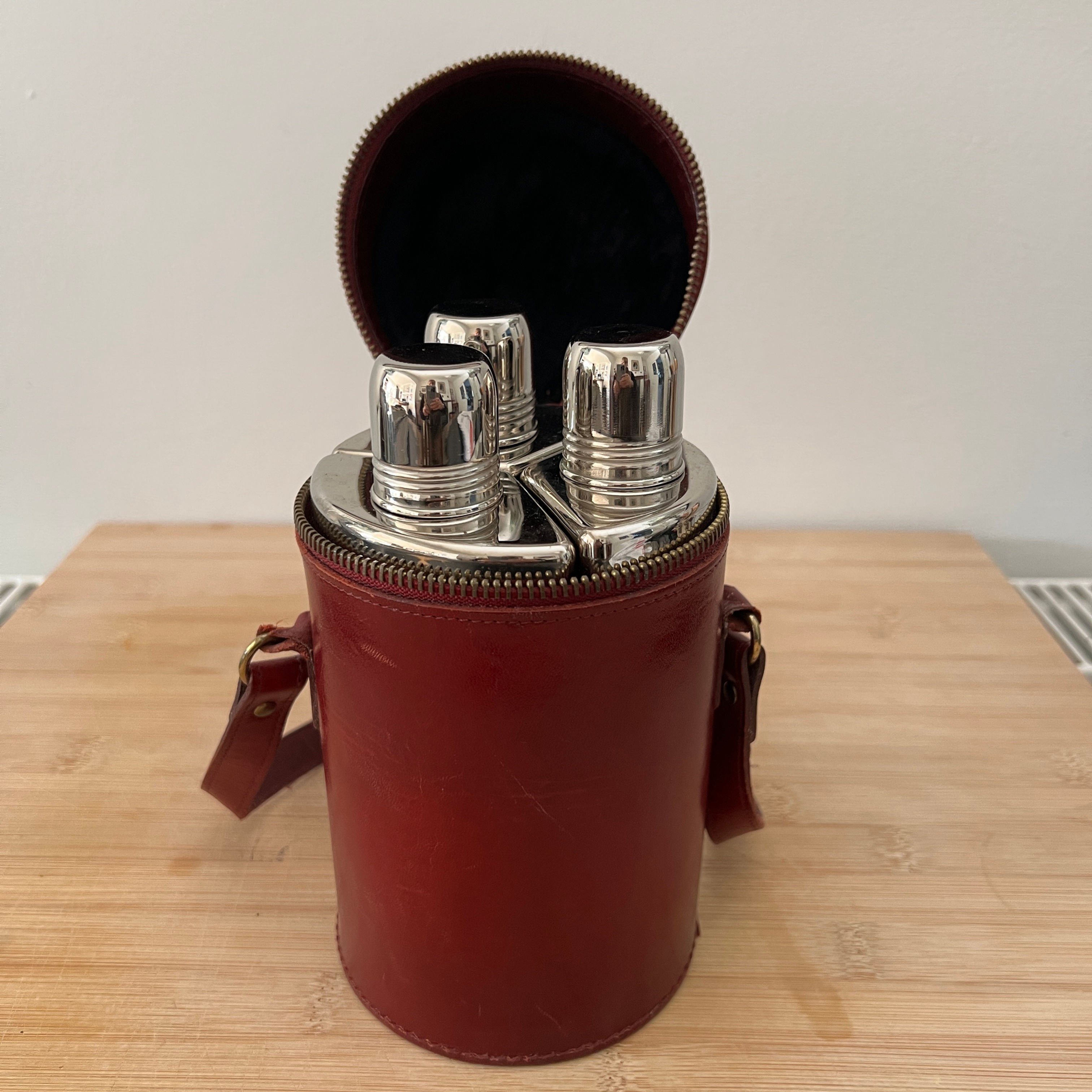 Burgundy Leather Triple Glass Flask Set