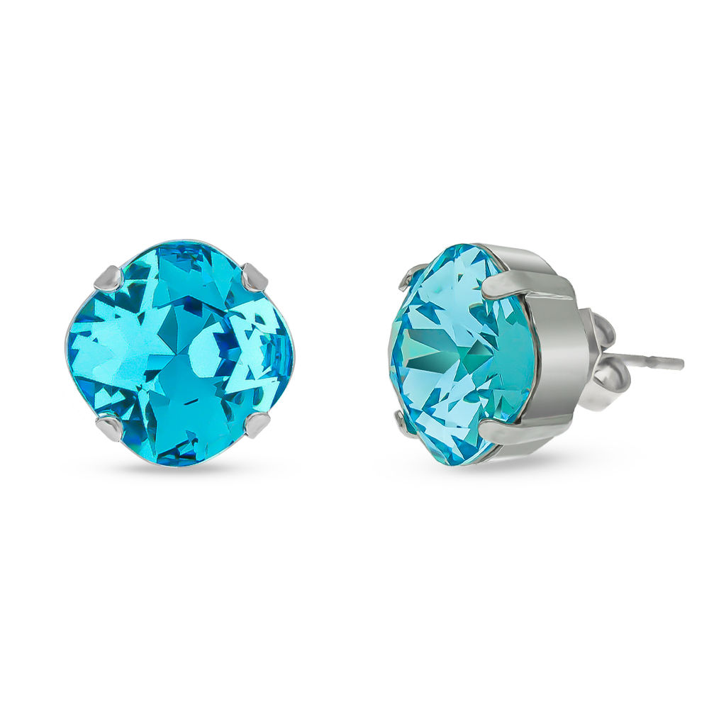 בעגילי קריסטל ריבוע מעוגל 12מ"מ בסיס פליז גוון Aquamarine ציפוי ניקל