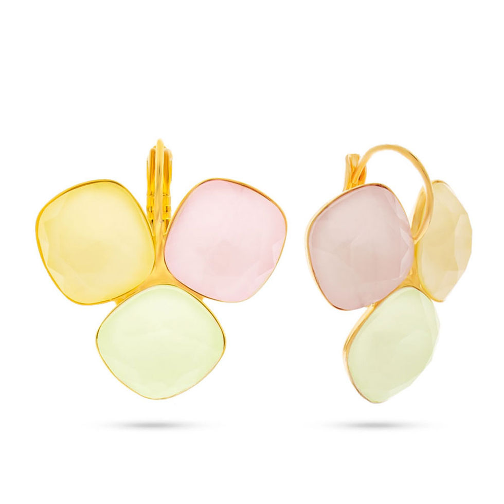 עגילים תלויים עם קריסטלים מרובעים צהוב/ירוק ורוד , ציפוי מתכת זהב - לילה
