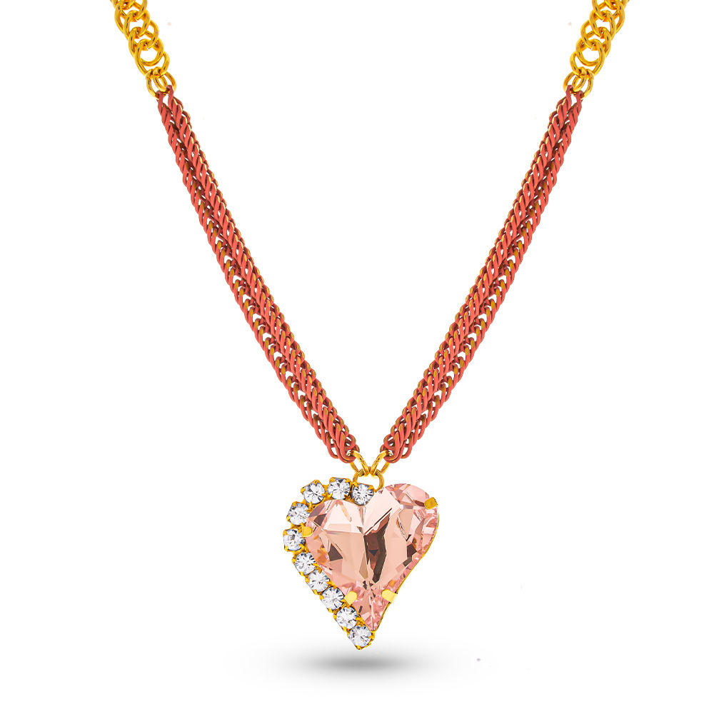 שרשרת לב בציפוי זהב תליון קריסתל שקוף מסביבו רינסטונים - לילה