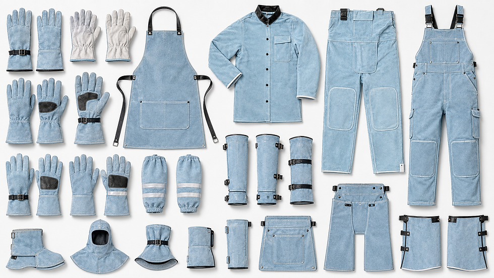 Leather protective workwear: gloves, aprons, jacket
