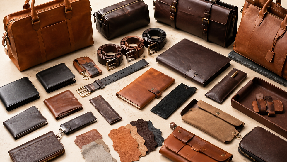 Assorted leather goods including bags, wallets, belts, and swatches
