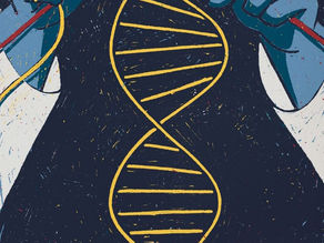 Illustration of the lower body of a woman with blue hands knitting a yellow DNA helix on a dark background, using red knitting needles. The scene is serene and scientific.