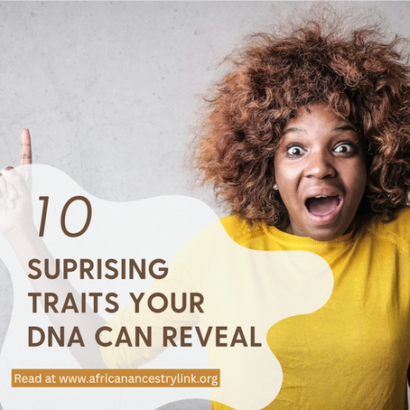 Surprised woman in yellow shirt points up. Text: "10 Surprising Traits Your DNA Can Reveal" on white background. Website link visible.