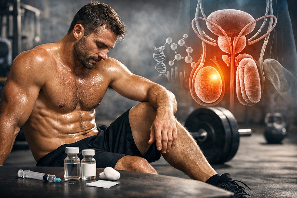 A muscular athlete sits on a gym floor looking fatigued, illustrating the physical toll of hormonal suppression, with an anatomical overlay highlighting the male endocrine system and medical vials in the foreground representing Ultima-HCG 10000IU for sale.