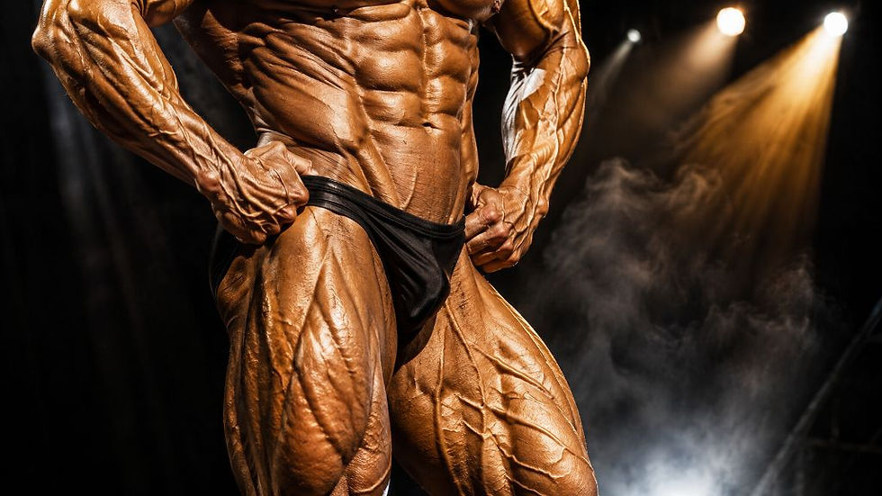 A dramatic, close-up cinematic shot of an elite bodybuilder displaying deep muscle striations and vascularity under stage spotlights, matching the title Ultima-Retatrutide 10mg Force Elite Stage Leanness.