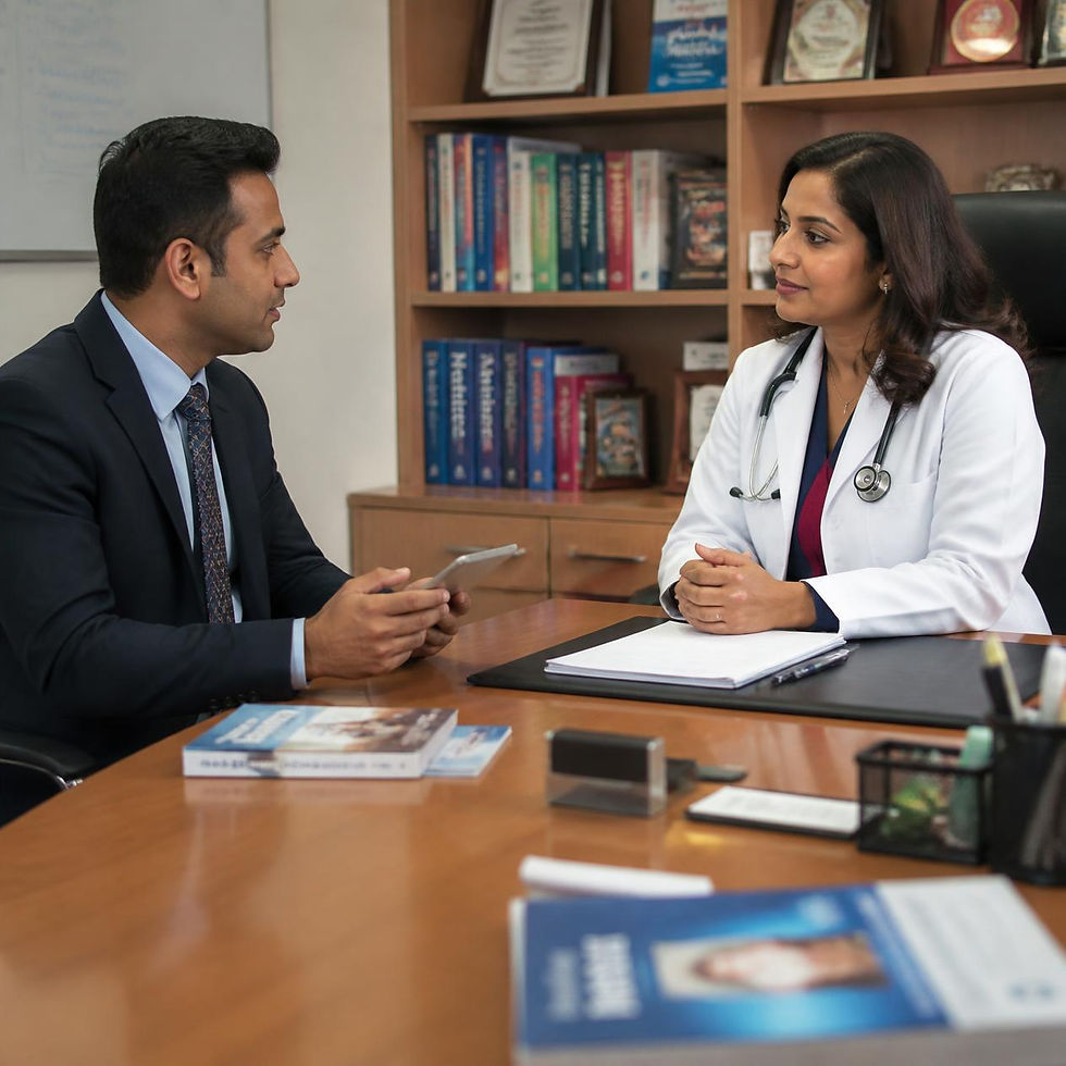 Professional photo of male medical delegate in business suit sitting across from female do