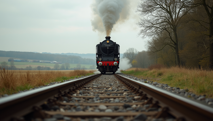 Eye-level view of a historic steam locomotive on a rural railway track