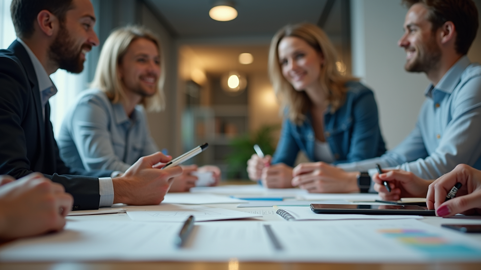 Eye-level view of a digital marketing team brainstorming around a table