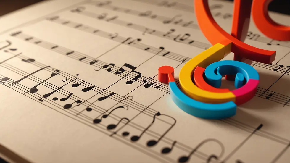 Close-up view of colorful musical notes on sheet music