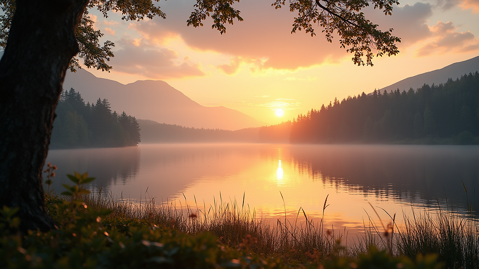 Eye-level view of a peaceful lakeside at sunrise
