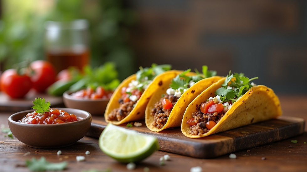 Close-up view of a delivered Mexican meal with tacos and salsa on a table