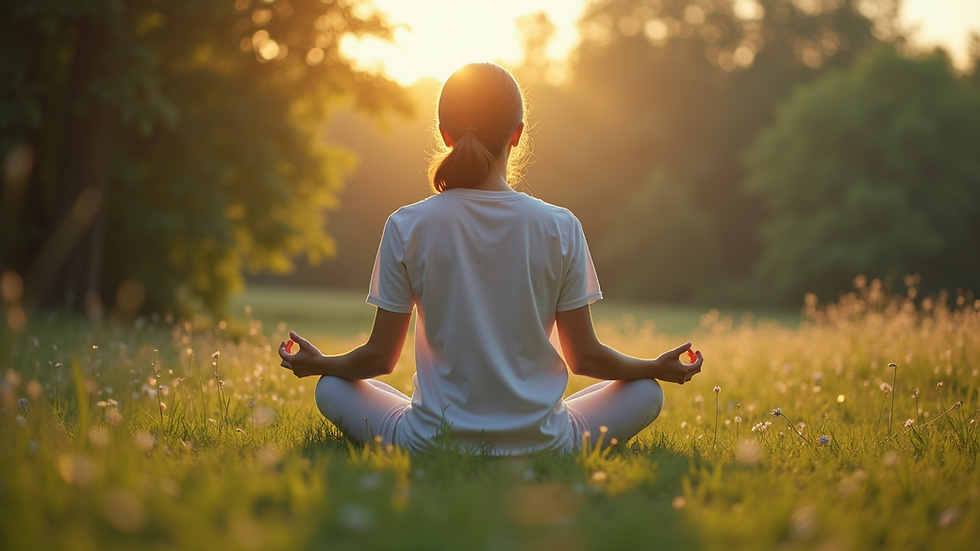 Eye-level view of a person meditating in a serene outdoor setting