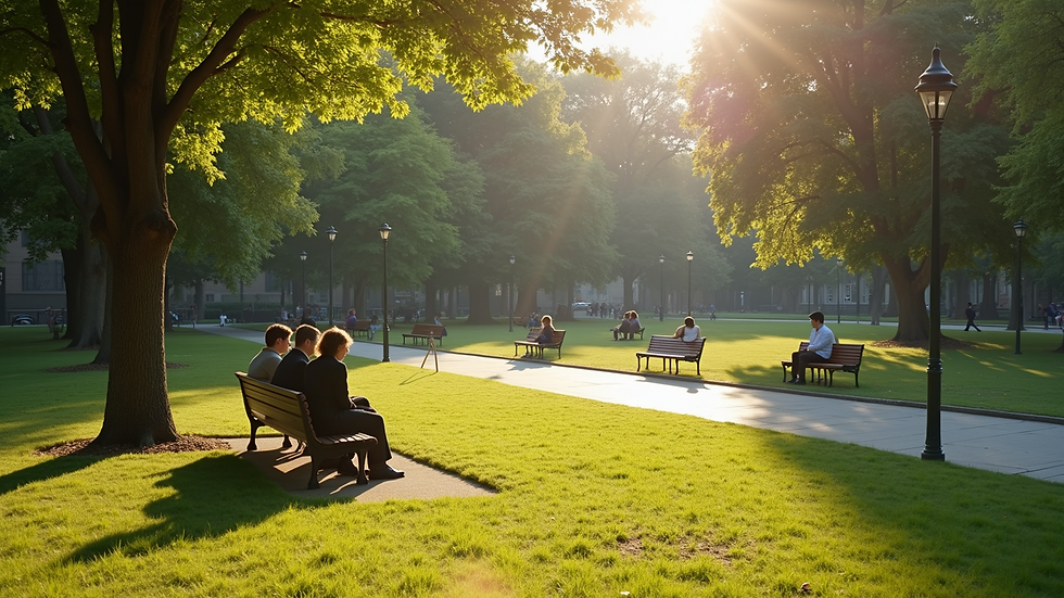 High angle view of a serene park with students sitting on benches