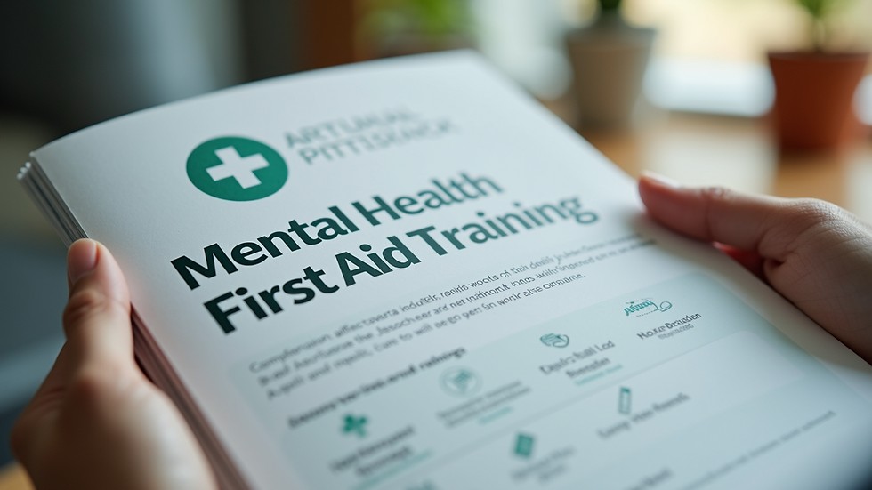 Close-up view of a mental health first aid training booklet