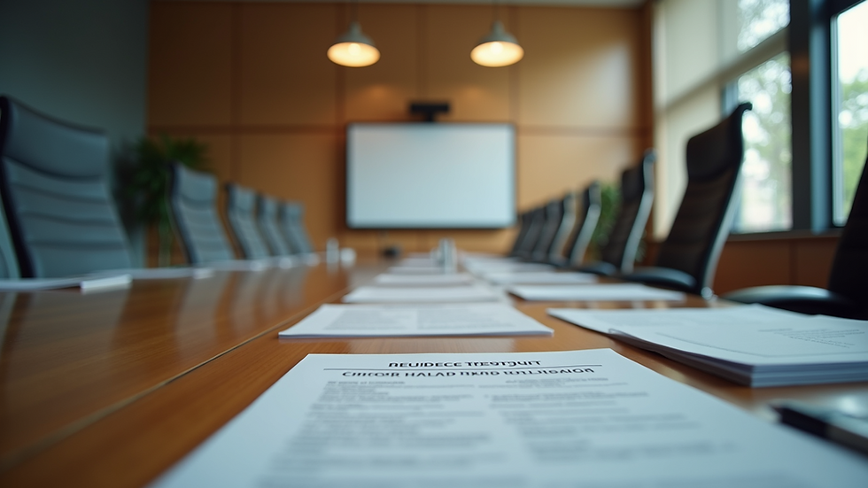 High angle view of a conference room with crisis management training materials