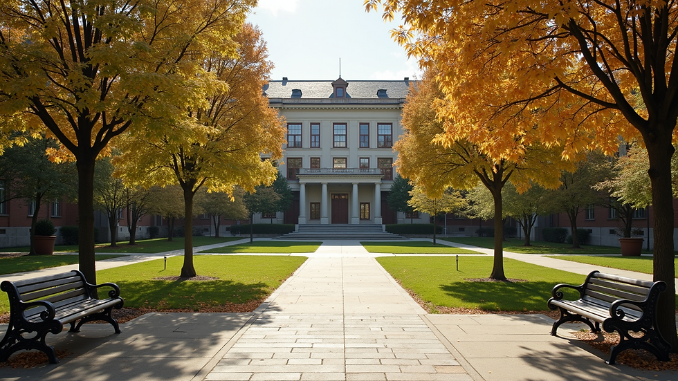 Wide angle view of a serene campus courtyard with benches and trees