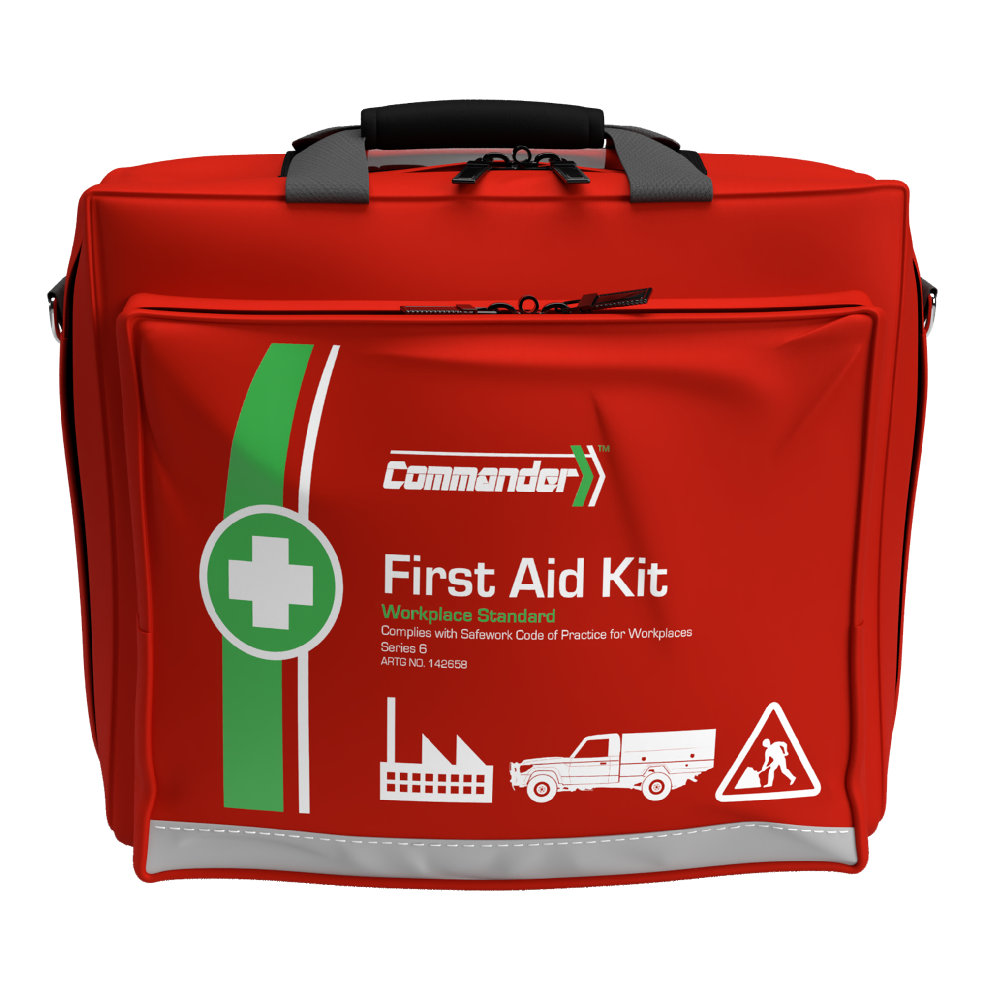 Commander First Aid Kit: Red softpack with green stripes, carrying handle