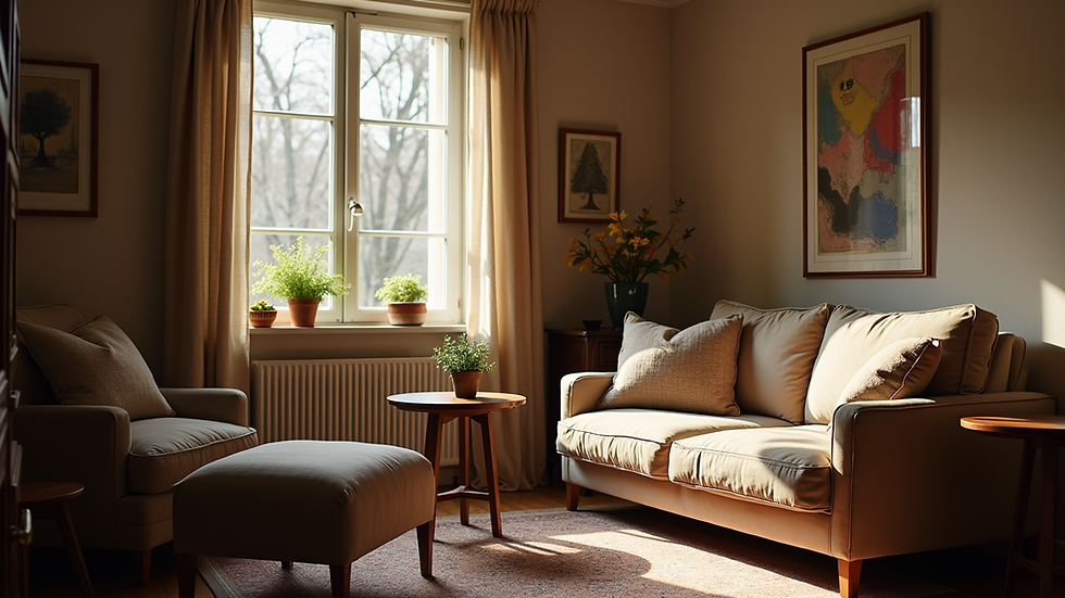 Eye-level view of a cozy room designed for conversations