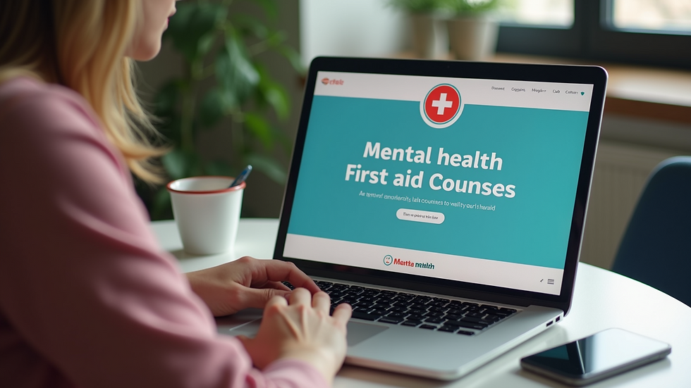 High angle view of a laptop screen showing an online mental health first aid course