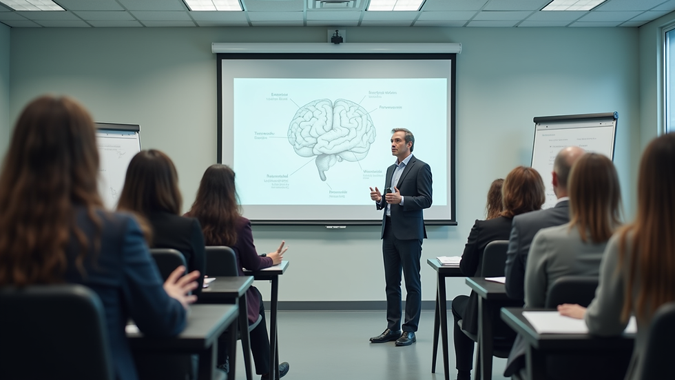 Eye-level view of a classroom setting with a trainer explaining mental health concepts