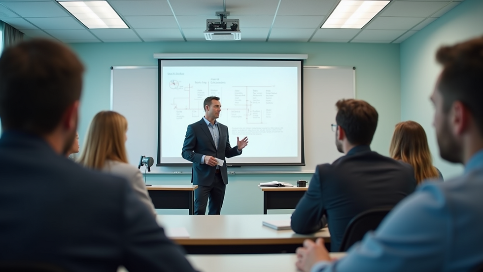 Eye-level view of a classroom setting with a trainer explaining mental health concepts