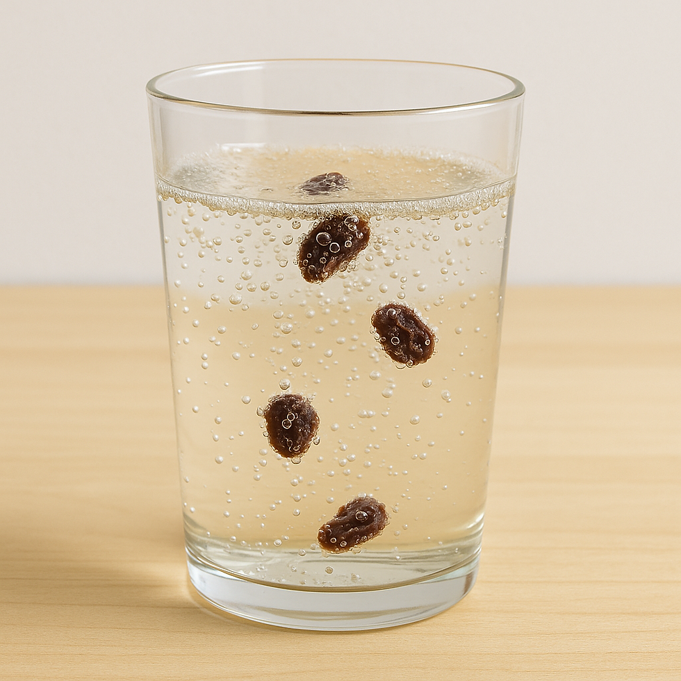 A glass of sparkling water with raisins floating and bubbling. Set on a light wooden surface with a neutral background.