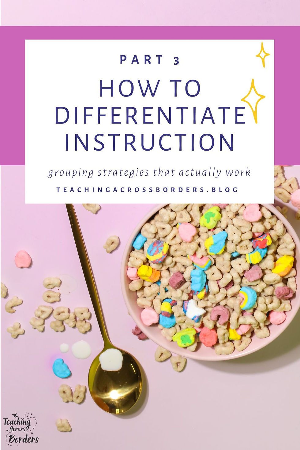 Partial view of a cereal bowl with colorful marshmallows, a gold spoon, and text above reading "Part 3: How to Differentiate Instruction".