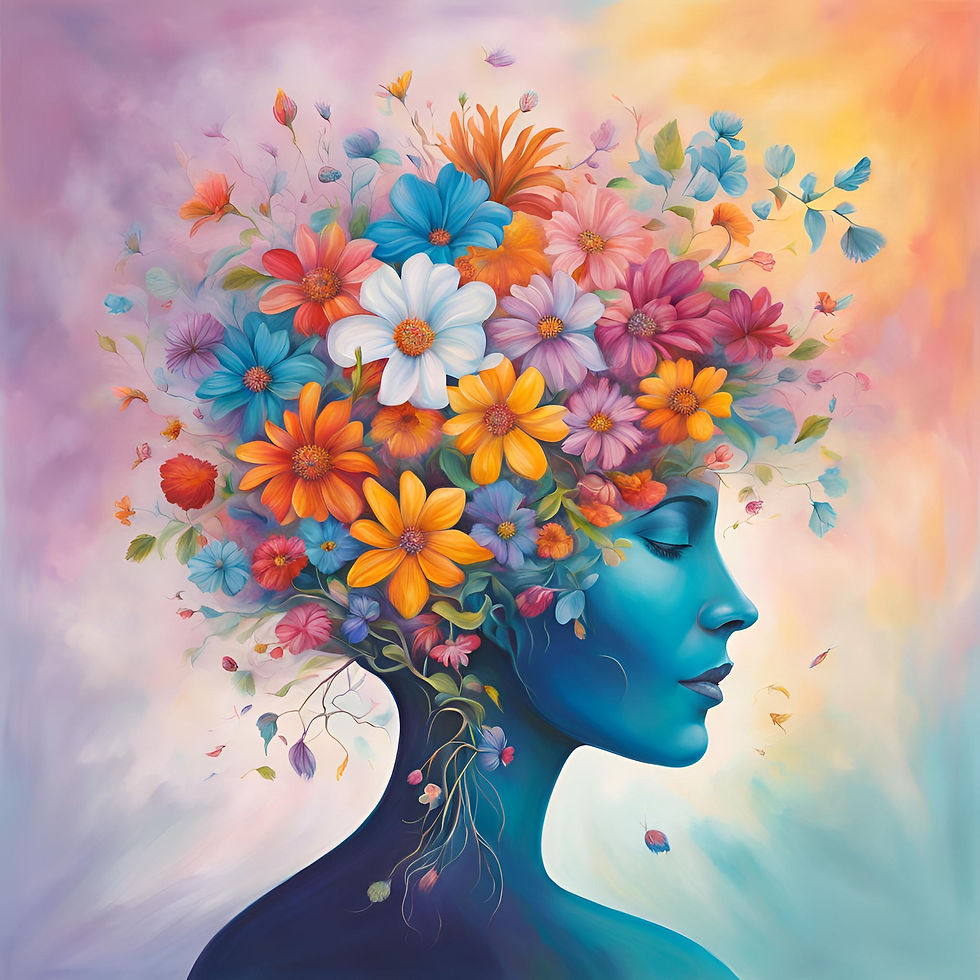 A silhouette of a woman's face with colorful flowers blooming from her head, set against a soft, dreamy, pastel background.