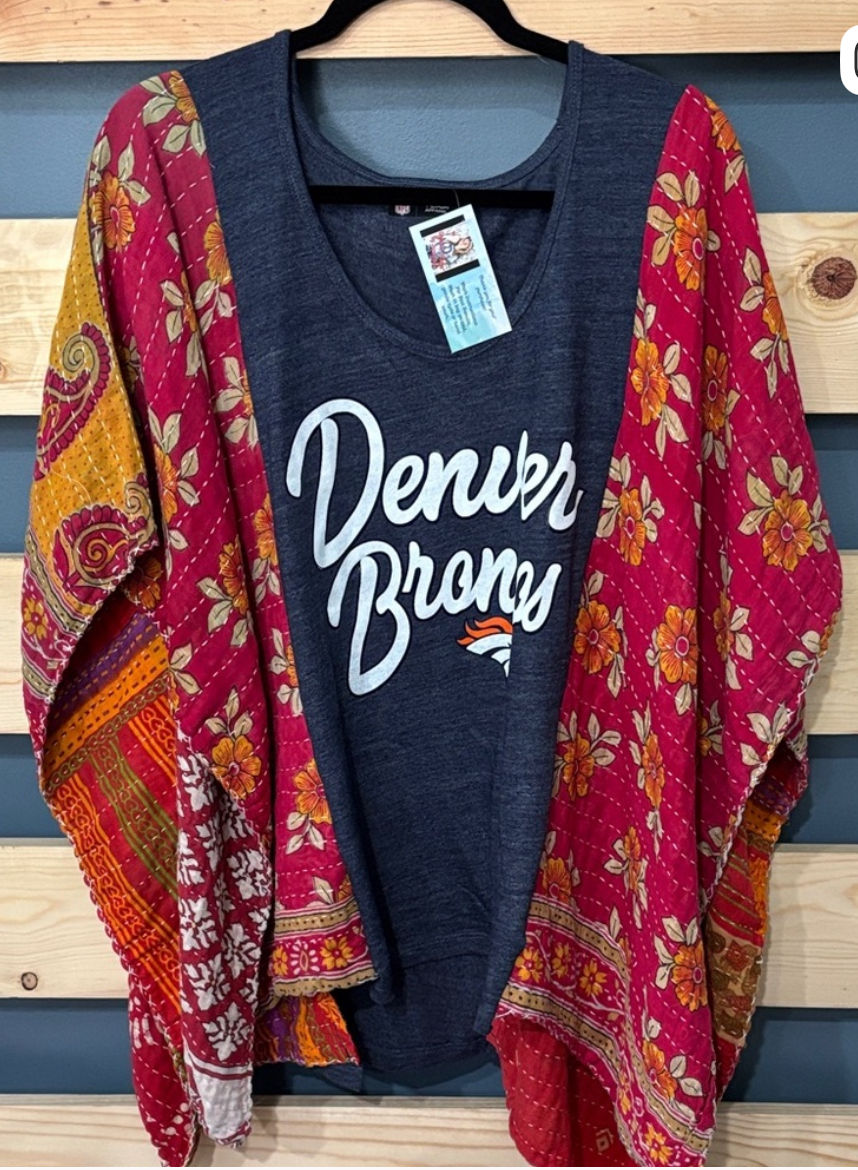 Upcycled DENVER BRONCOS T w/kantha sleeves