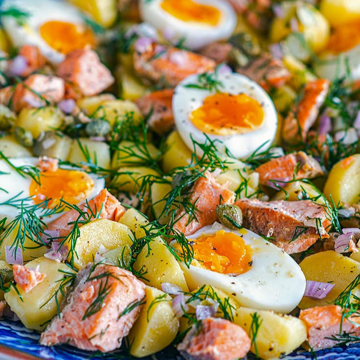 Summer Salmon Salad with Celery, Eggs, and Gherkins