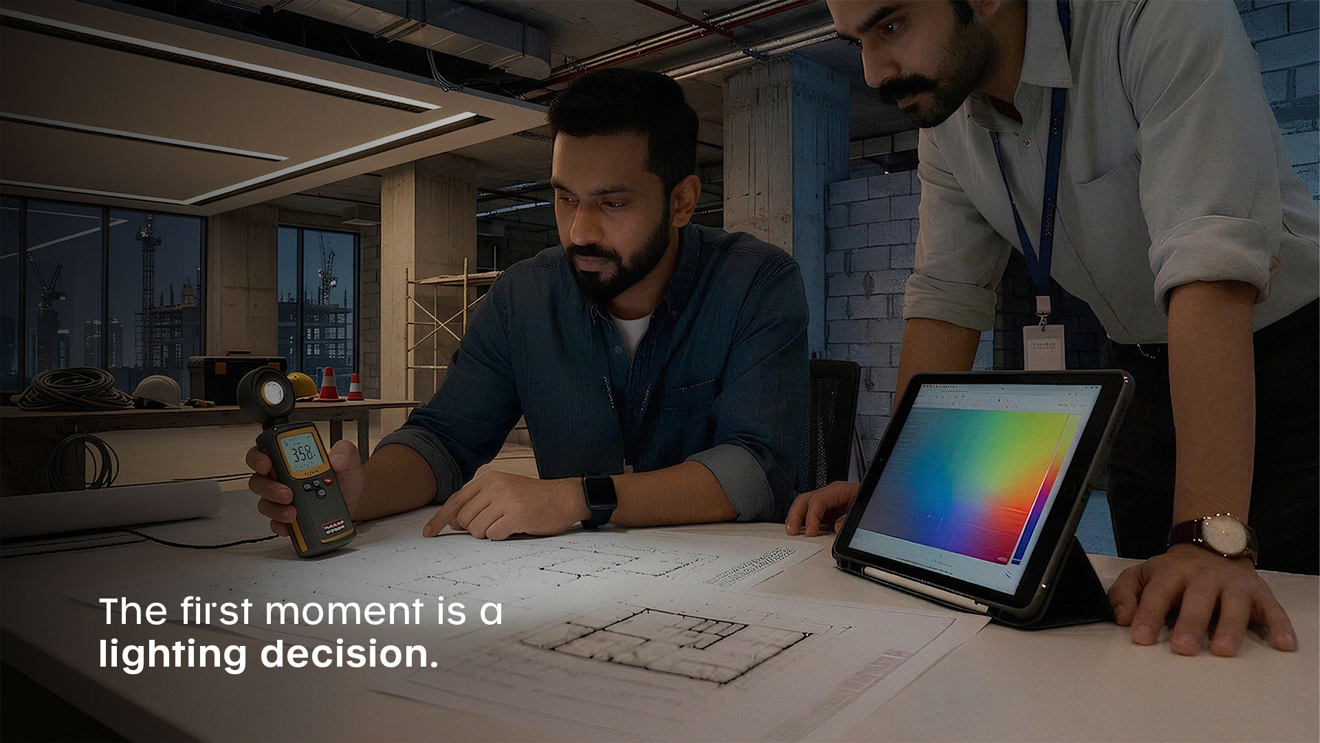 Architectural lighting designers analyzing floor plans with lux meter and digital lighting simulation to optimize illumination and visual comfort