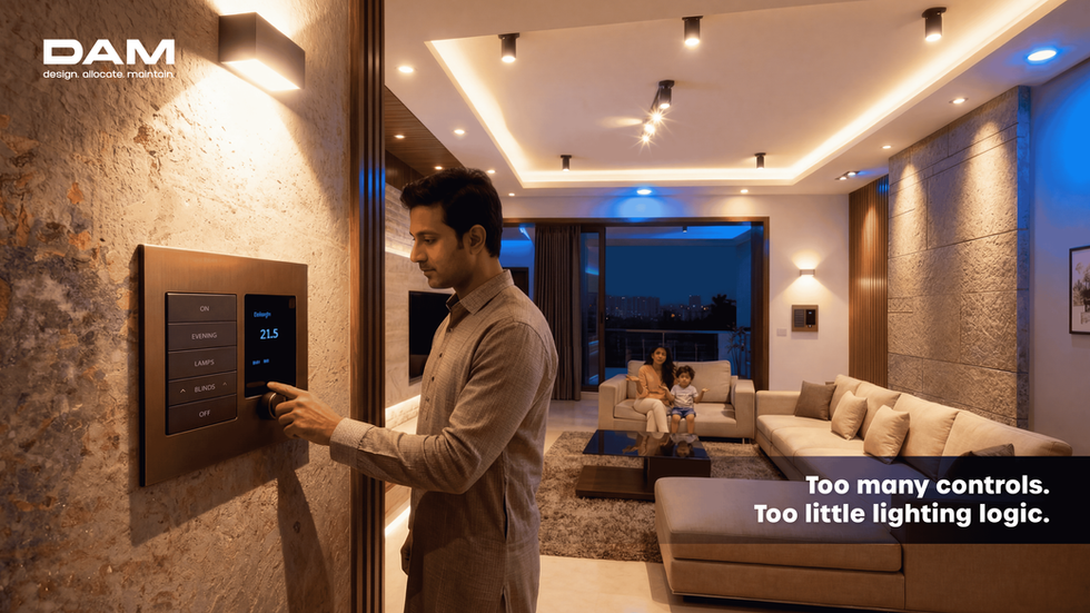 Smart home lighting control panel in a modern living room demonstrating architectural lighting design, lighting automation, and scene-based lighting control systems.