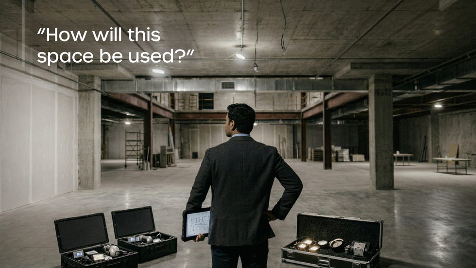 Lighting consultant assessing an empty commercial space to plan architectural lighting design based on how the space will be used.