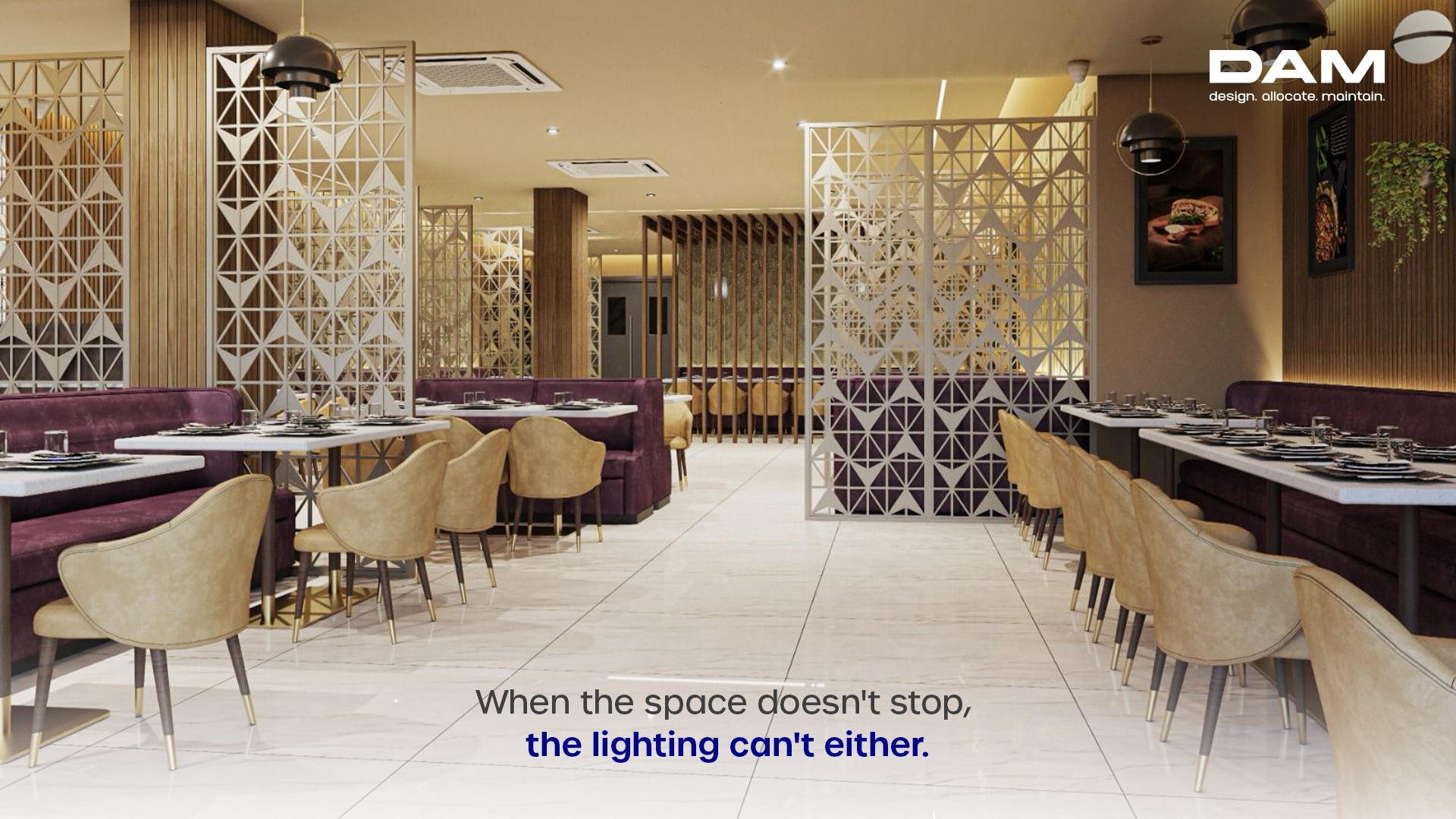 Modern Pista House dining space illuminated with warm architectural lighting, featuring patterned divider panels, booth seating, pendant fixtures, and balanced ambient lighting designed for high-footfall hospitality environments.