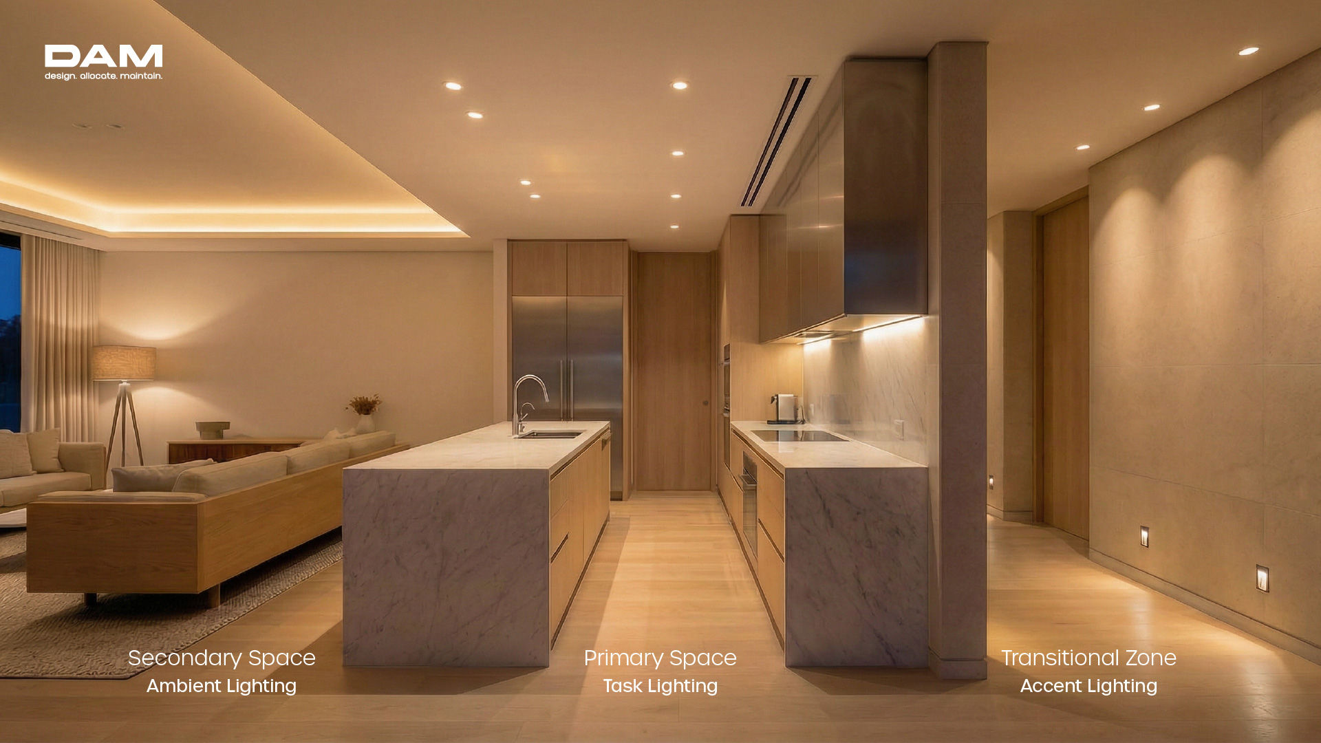 Modern open-plan kitchen and living space demonstrating layered lighting with ambient ceiling lights, task lighting over island, and accent lighting along transitional corridor.
