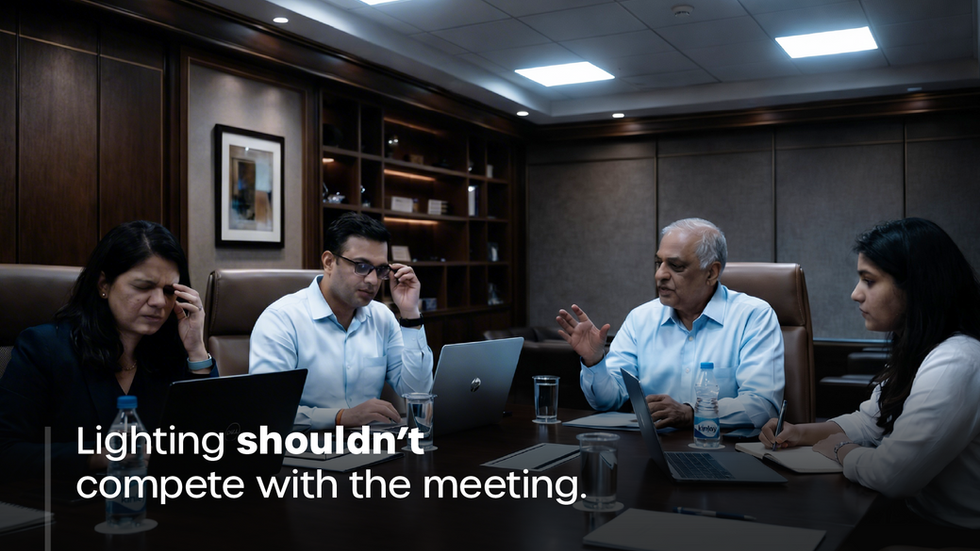 Office meeting affected by harsh overhead lighting, illustrating how poor lighting design can compete with focus and communication.