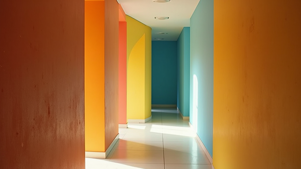 High angle view of a stylish hallway connecting different rooms with coordinated colors