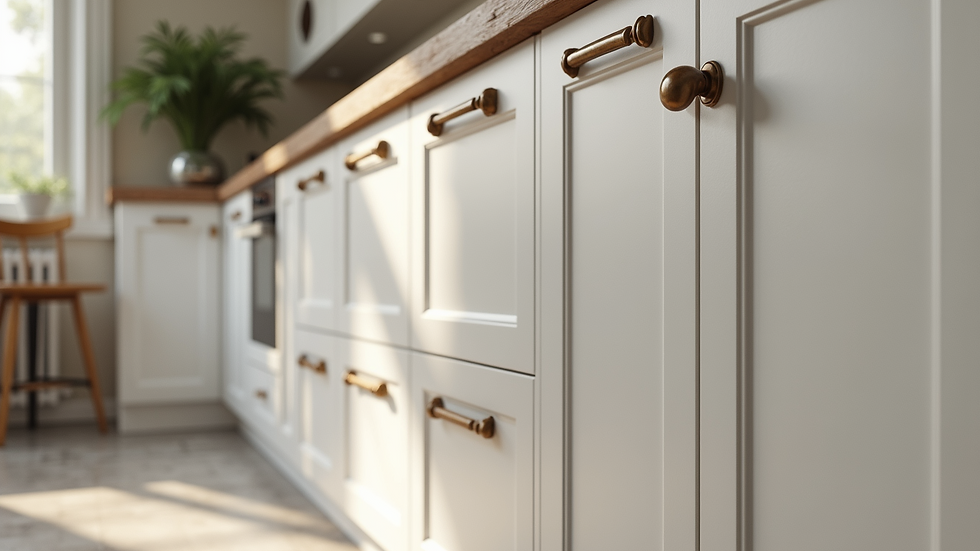 Eye-level view of kitchen cabinets finished with semi-gloss paint