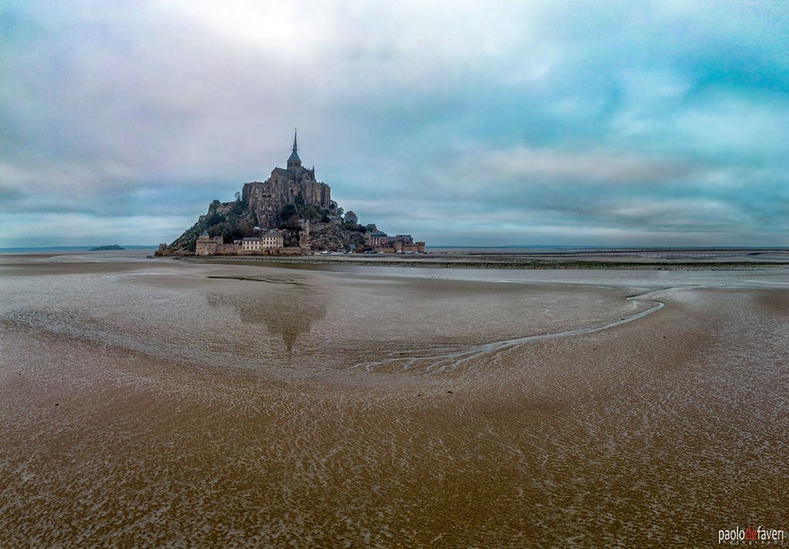 A drone pano view of Mont Saint Michel, Normandy, France