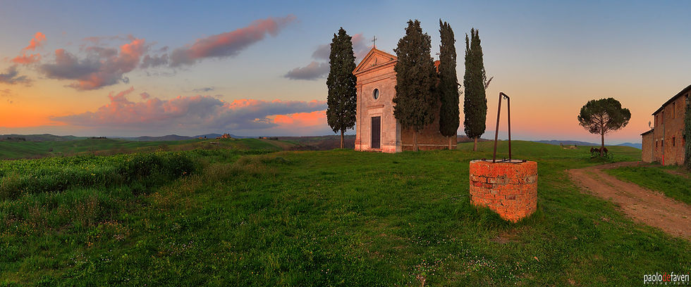 The chapel of Vitaleta in Orcia Valley at sunset