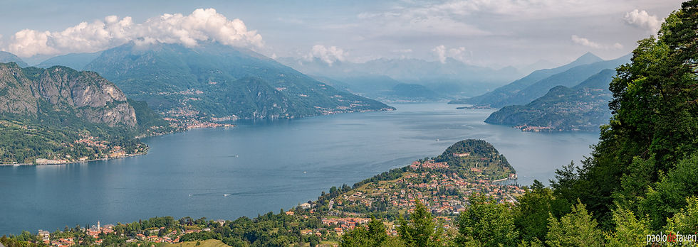 The three branches of Lake Como and the town of Bellagio as seen from the vantage point of Baita Belvedere