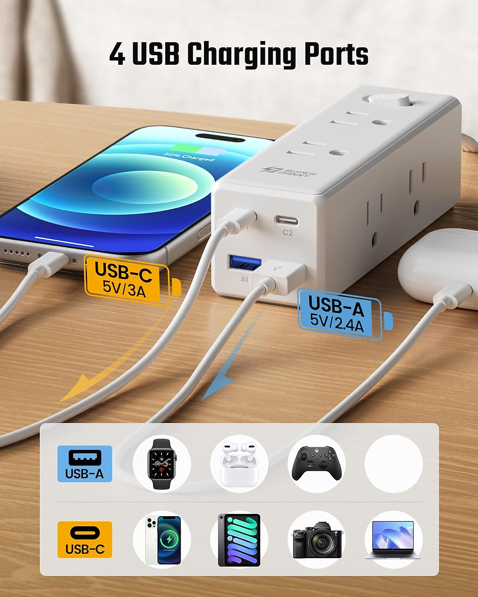 Thumbnail: 10 Ft Extension Cord, Surge Protector Power Bar with 6 Outlets & 4USB Ports