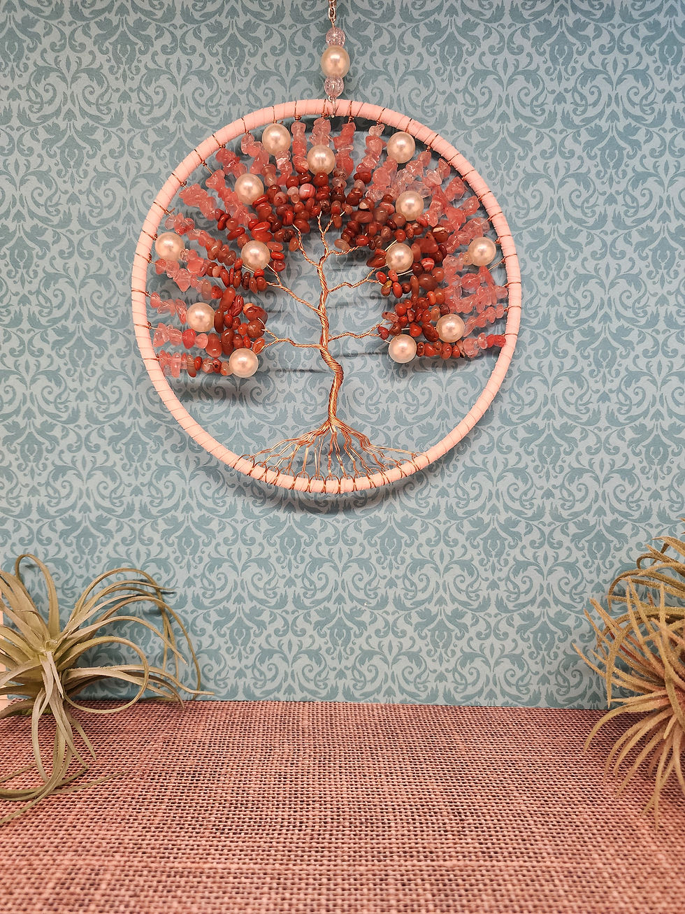 Strawberry quartz and carnelian tree of life dreamcatcher wall hanging wrapped in pink hone decor