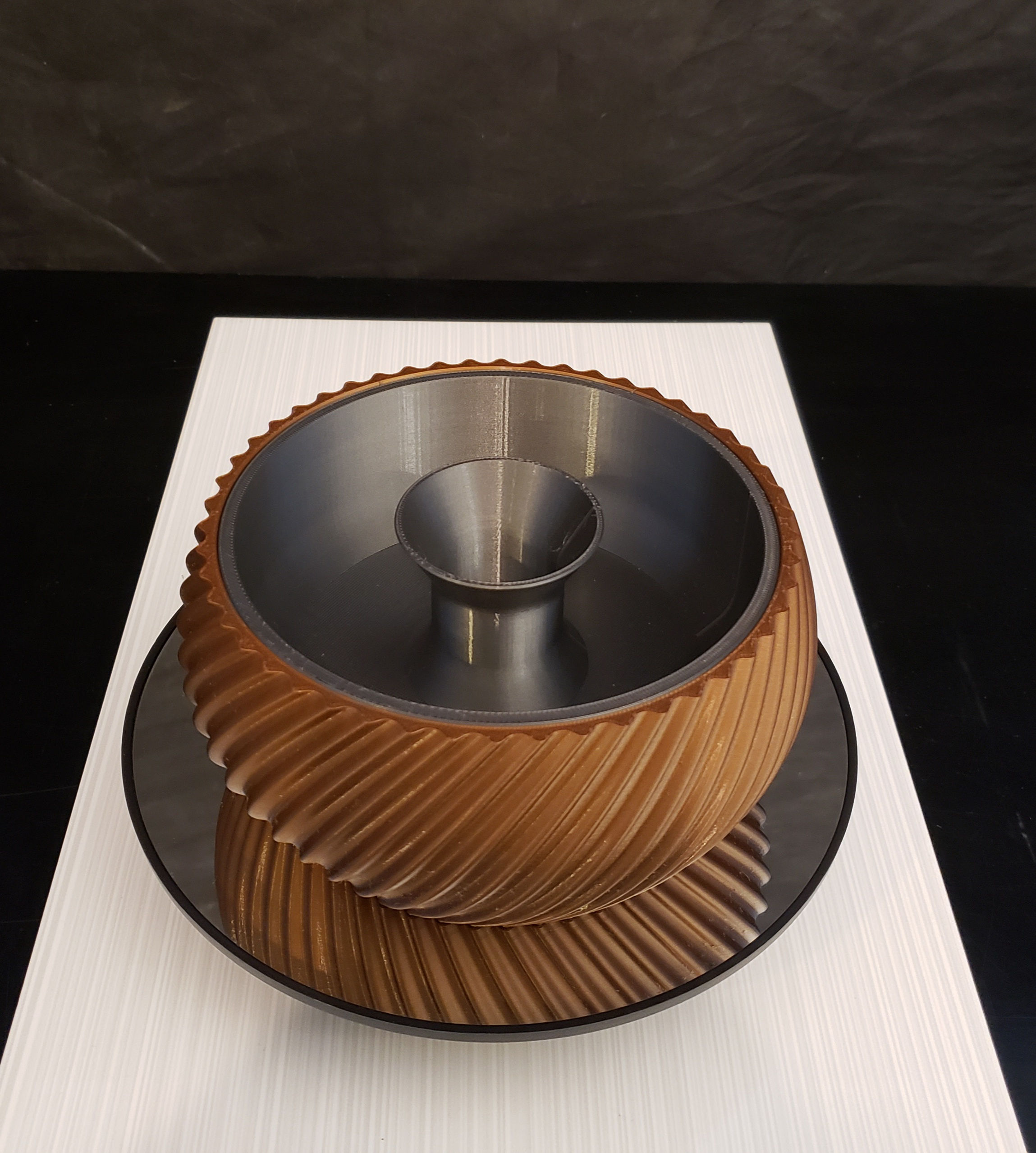 3D printed double bowl, top one for holding pistachios or other snacks having a hole in the middle to discard shells.