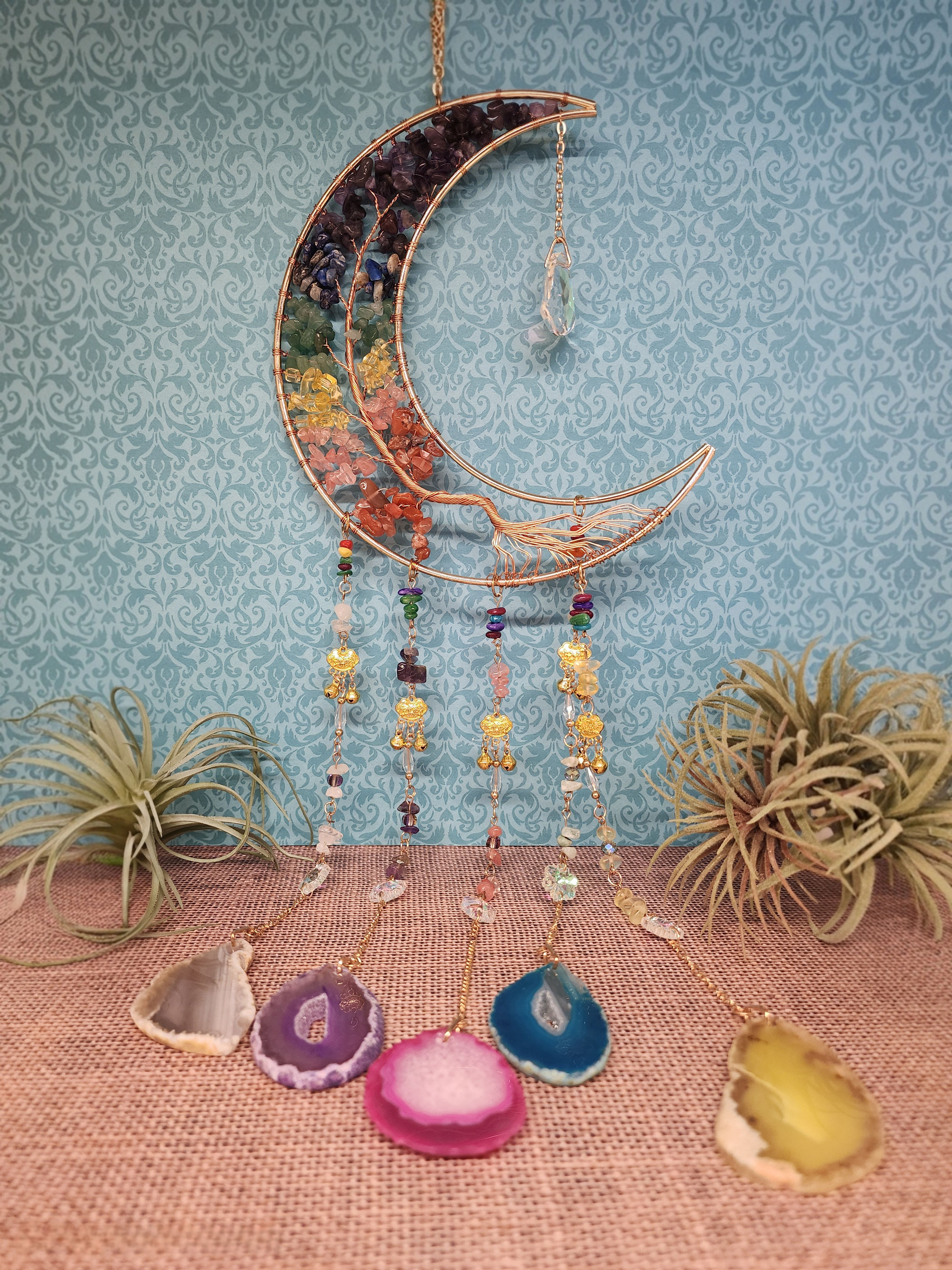 Chakra moon dreamcatcher with amethyst, sodalite, green aventurine, citrine, strawberry quartz, carnelian, and agate slices