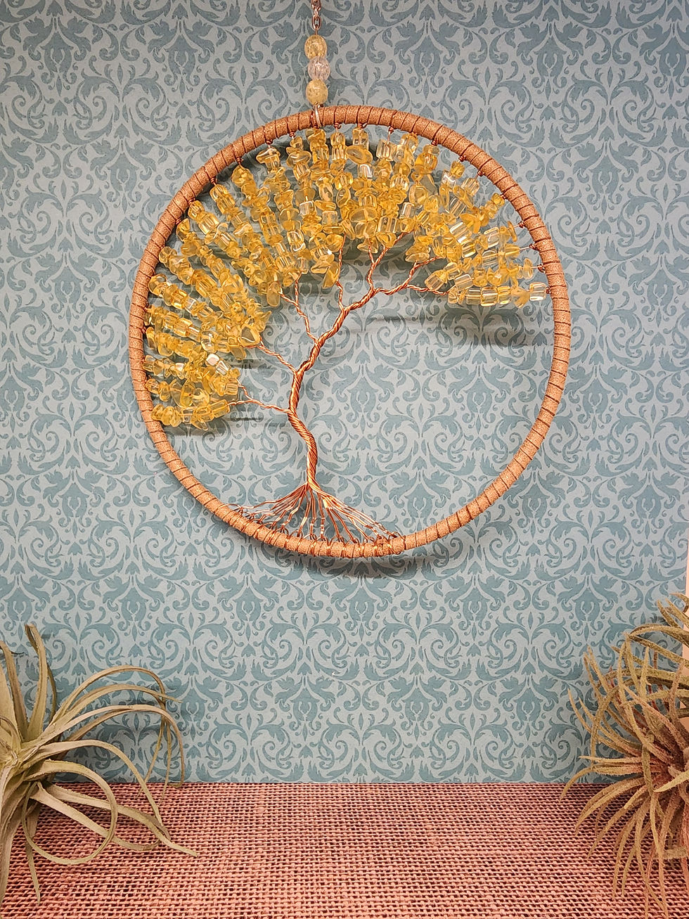 Citrine tree of life dreamcatcher wall hanging wrapped in gold home decor