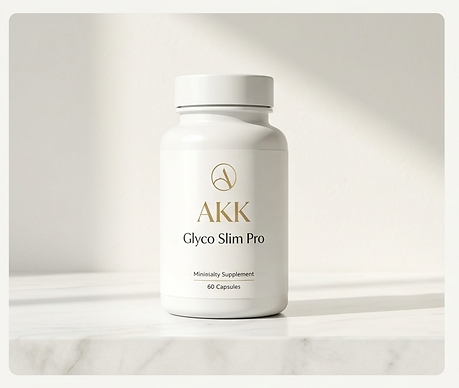 Elegantly styled photograph of AKK Glyco Slim Pro supplement bottle, featuring a gold logo and "60 Capsules" text, placed on