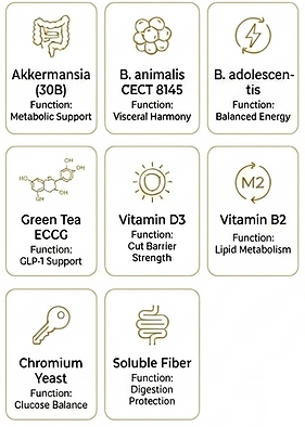 AKK Glyco Slim Pro ingredient chart featuring: Akkermansia for metabolic support, B. animalis for visceral harmony, B. adoles